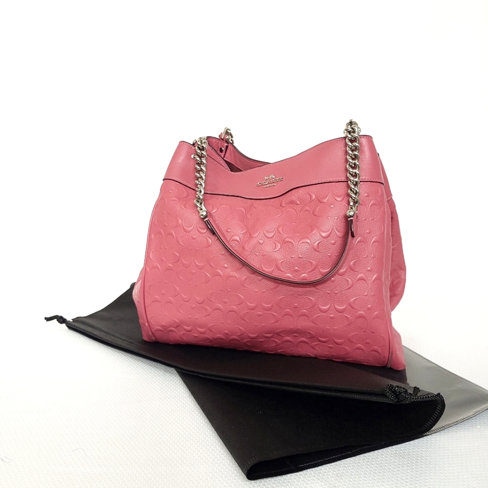 Coach Rose Pink Embossed C LargeLeather Chain Strap Shoulder Bag